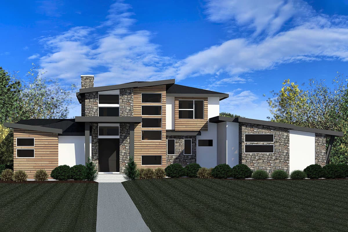 House plan exterior. Two-story modern house with a mix of stone, wood siding, and white panels. Features include a flat roof and a chimney.