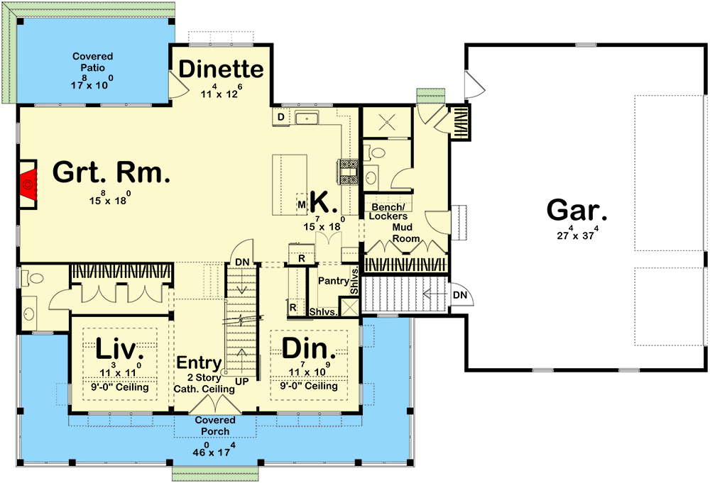 Plan 62365DJ: 4-Bed Farmhouse Plan with Wraparound Porch and Laundry Upstairs - 3071 Sq Ft - Floor Plan - Main Level - Country, Farmhouse, Traditional