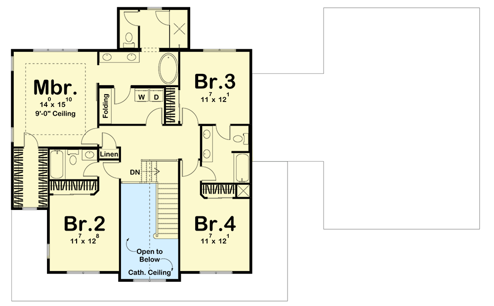Plan 62365DJ: 4-Bed Farmhouse Plan with Wraparound Porch and Laundry Upstairs - 3071 Sq Ft - Floor Plan - 2nd Floor - Country, Farmhouse, Traditional