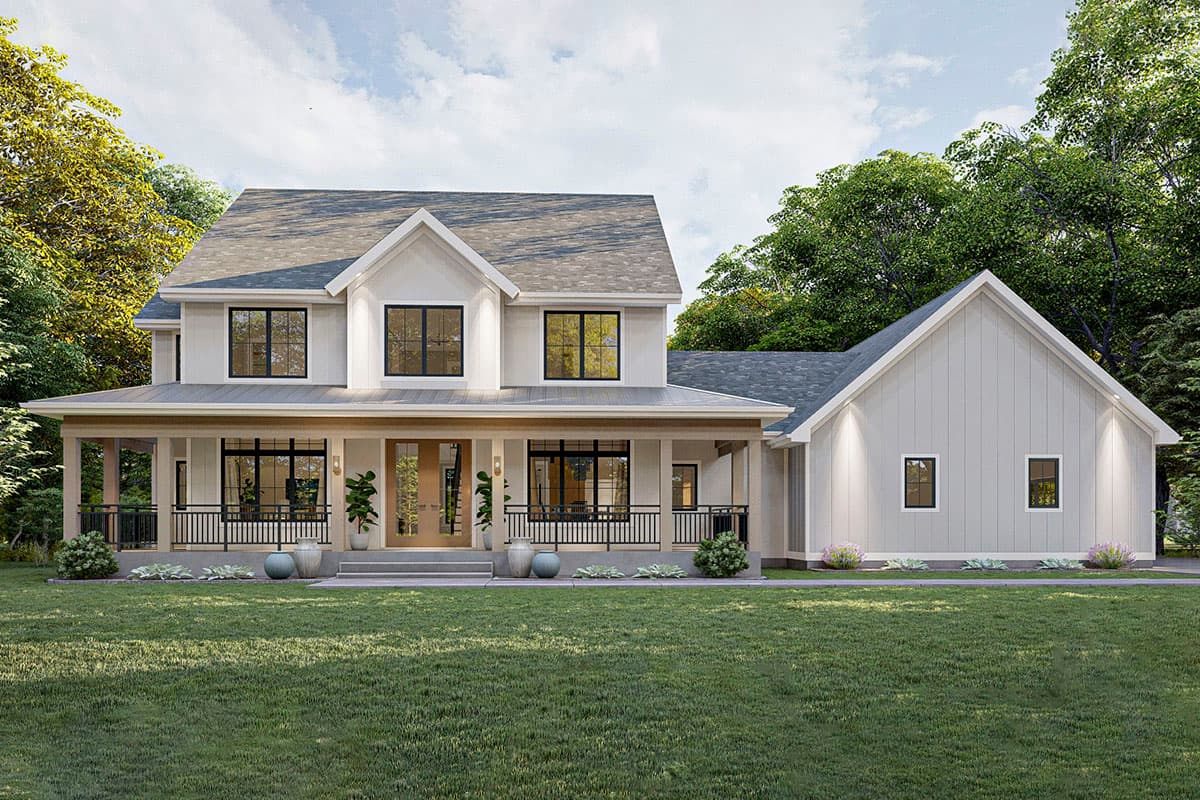 House plan exterior. Two-story Modern Farmhouse with gables, a covered porch, black framed windows, and a detached garage.