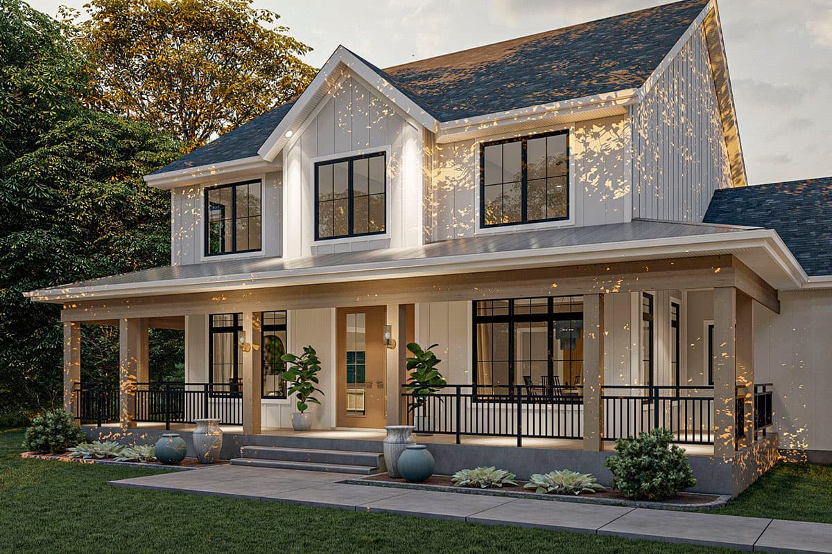 House plan exterior: two-story Modern Farmhouse with a wraparound porch, board and batten siding, and large gabled dormers.