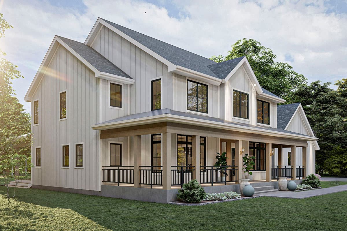 Modern Farmhouse house plan exterior, two stories, with a wrap-around porch, board and batten siding, and prominent gables.