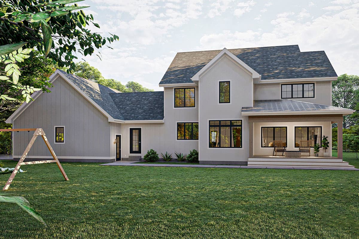 Modern Farmhouse house plan exterior. Two stories with gabled roof, covered porch with seating, and board and batten siding.