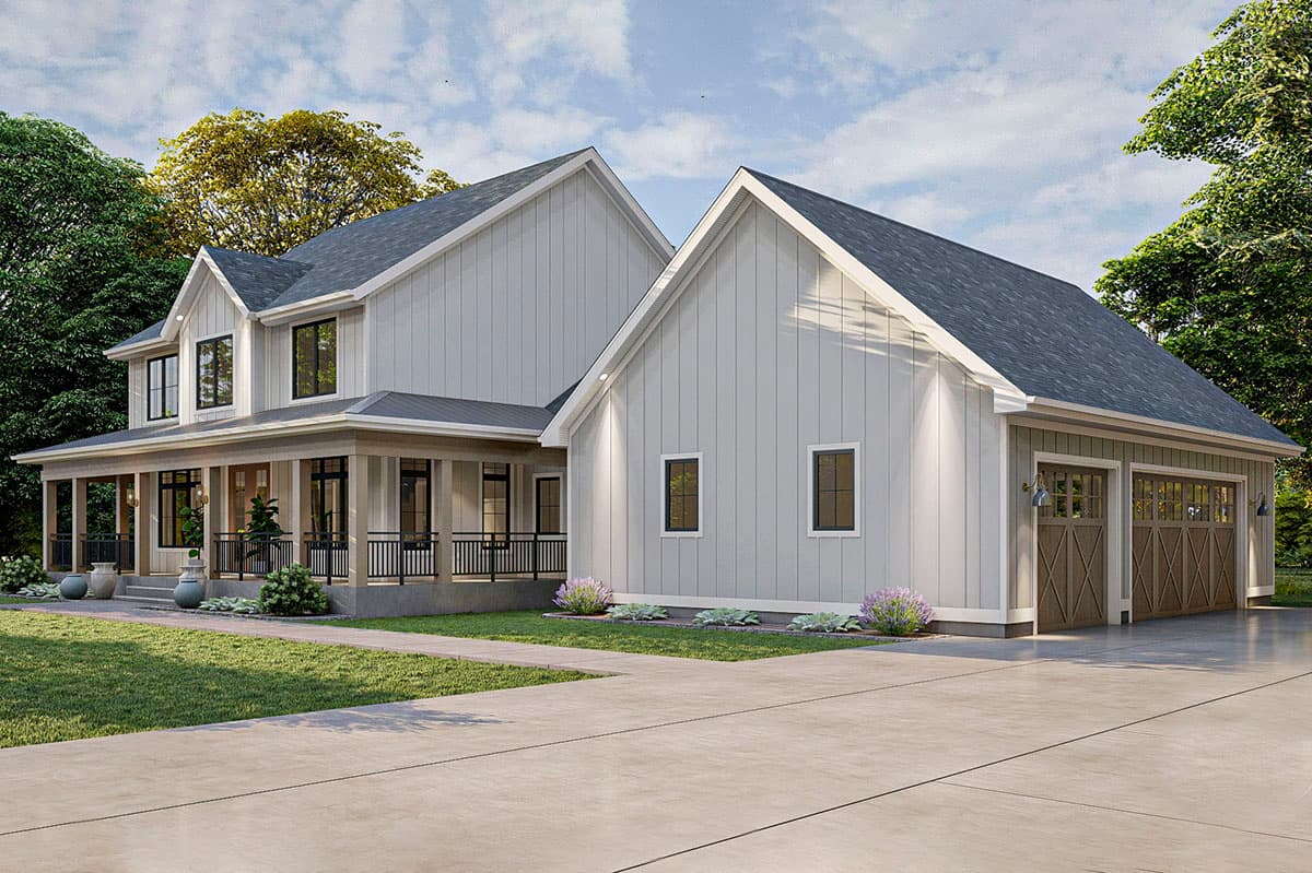 Modern Farmhouse two-story house plan exterior with wraparound porch, board-and-batten siding, and a three-car garage.