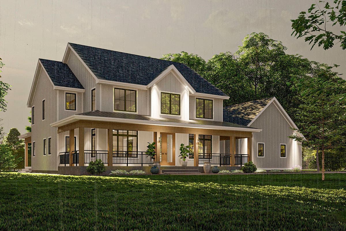 House plan exterior: Two-story Modern Farmhouse with wraparound porch, gables, and board-and-batten siding.