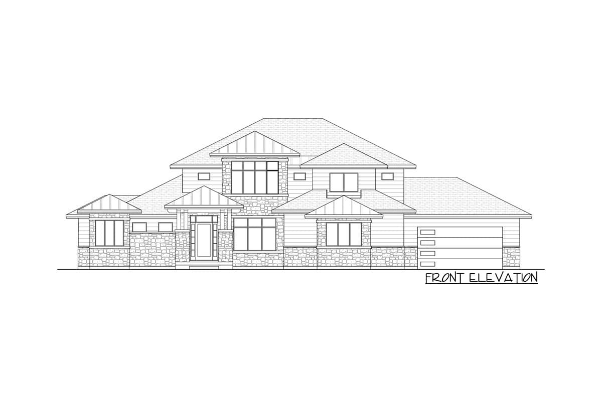 Front elevation house plan drawing with stone accents, prominent gables, large windows, and a 3-car garage.