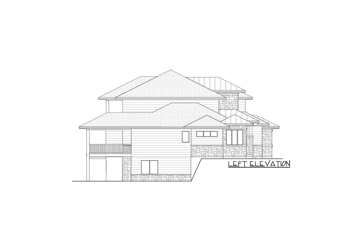 House plan left elevation showing two stories, varied rooflines, siding, stone accents, a balcony, and garage.
