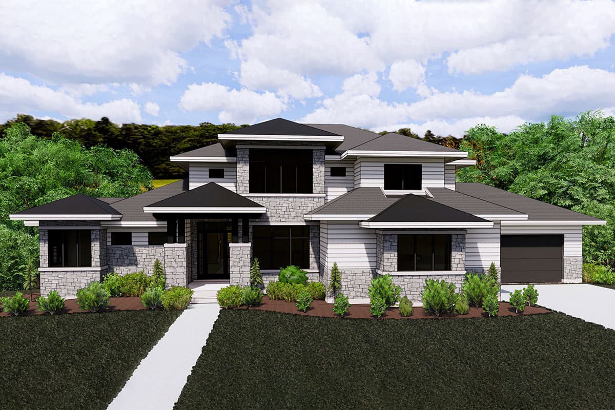 House plan exterior with two stories, modern style, featuring stone accents, multiple gabled rooflines, and a covered entry.