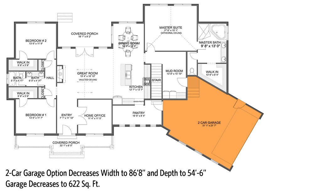 Plan 61382UT: Exclusive Country Ranch Home Plan with Home Office and Angled Garage - Floor Plan - 2-Car Side Garage Option (+$300) - Country, Craftsman, Mountain, New American, Ranch