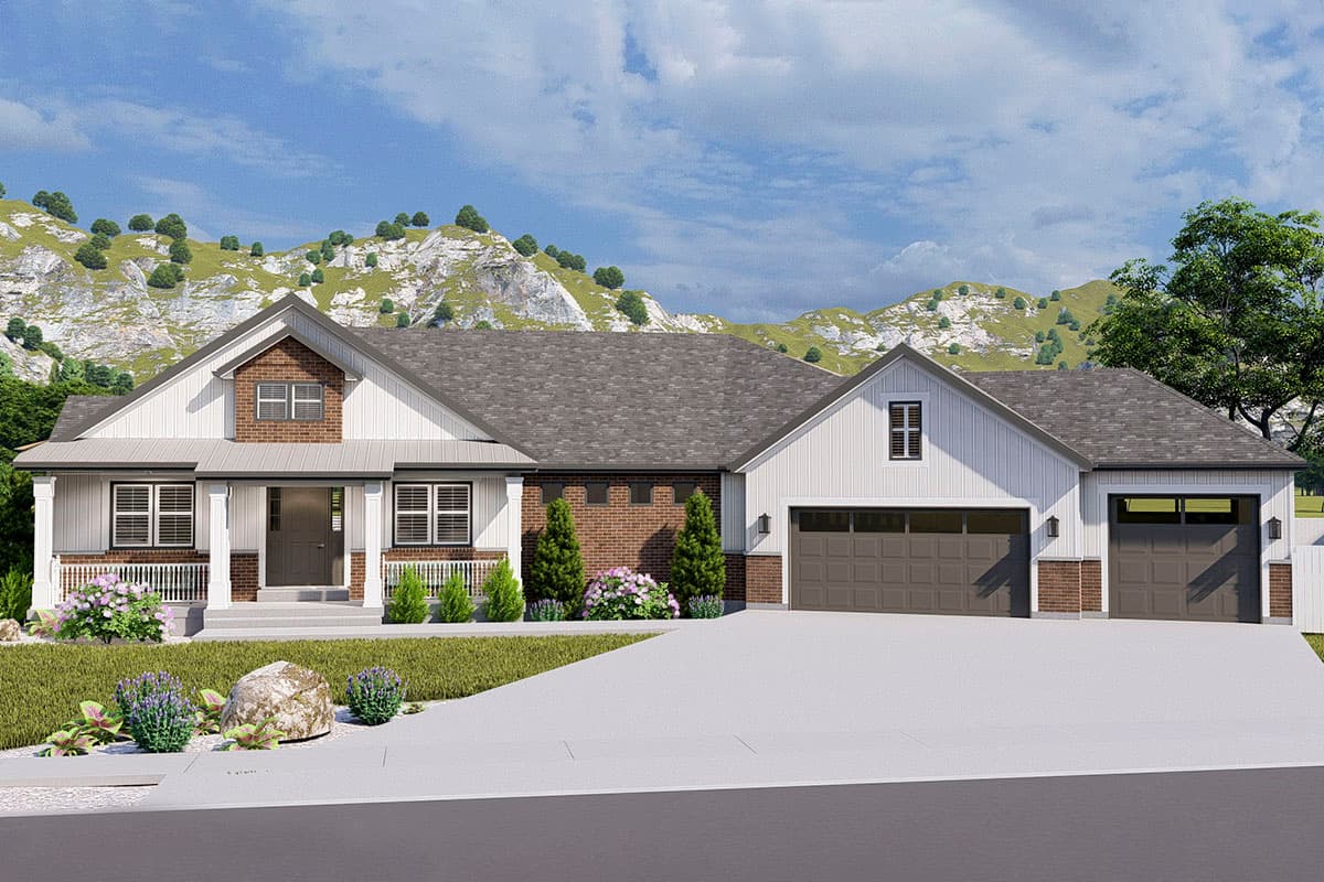 House plan exterior featuring a two-story farmhouse style with a front porch, gables, and attached garage with two bays.