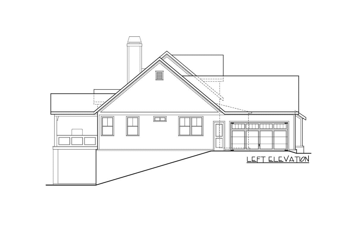 Left elevation of a house plan showing a covered porch, multiple windows, a chimney, and a three-car garage.