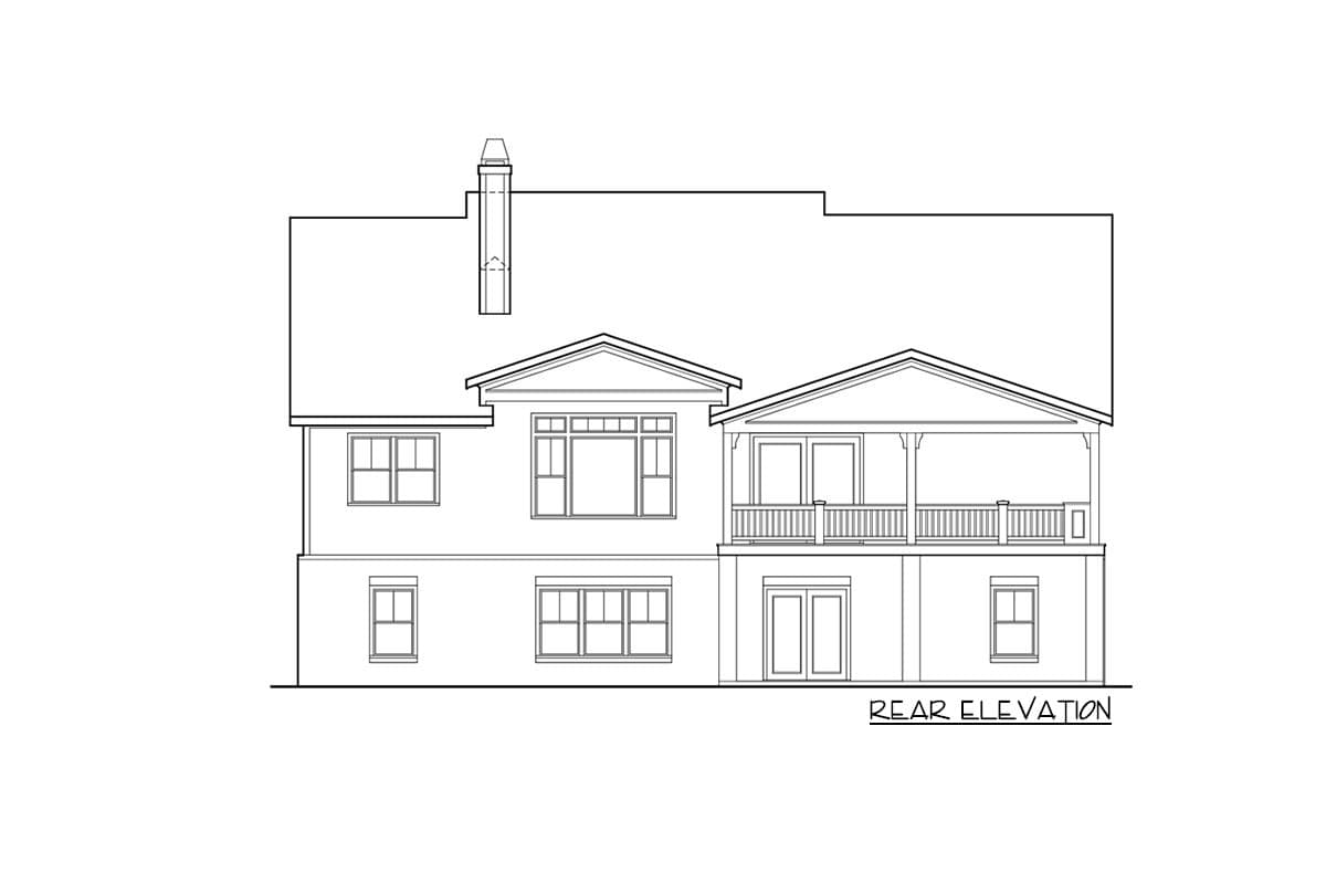 Rear elevation drawing of a two-story house with a chimney, dormer, and covered porch.