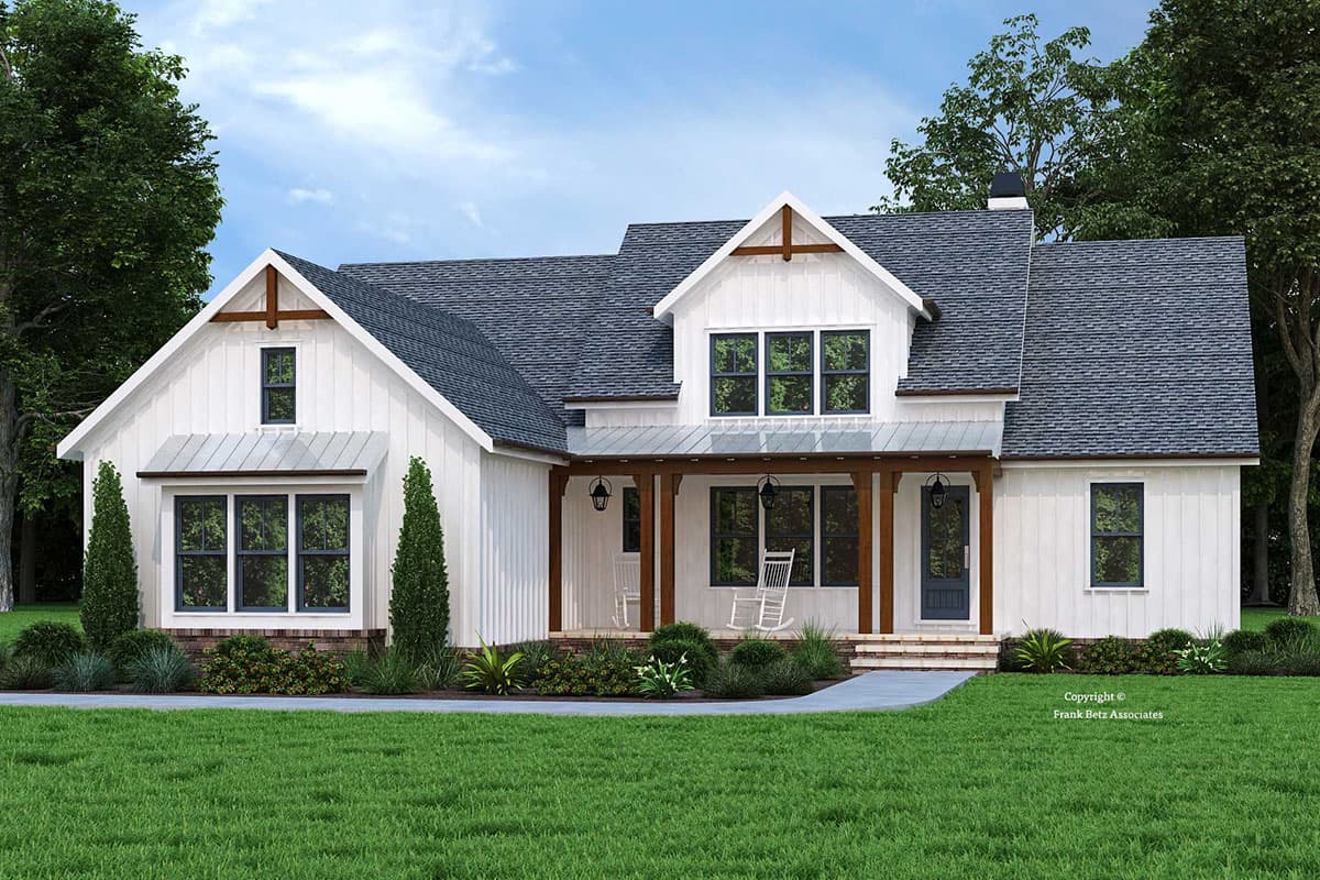 House plan exterior rendering. Modern farmhouse style with a single story, a covered porch, gabled roof, and decorative gable accents.