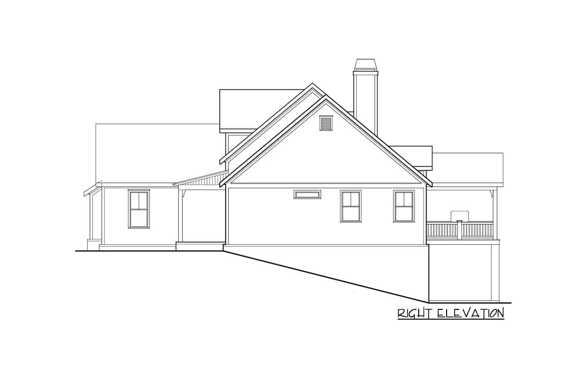 Right elevation house plan with gables, shed roof, chimney, and covered porch.