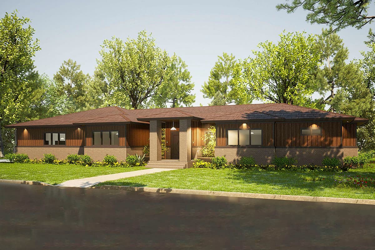 House plan exterior. Ranch style, one story. Features include flat roof, brick facade, and covered entry. Wood siding is prominent.