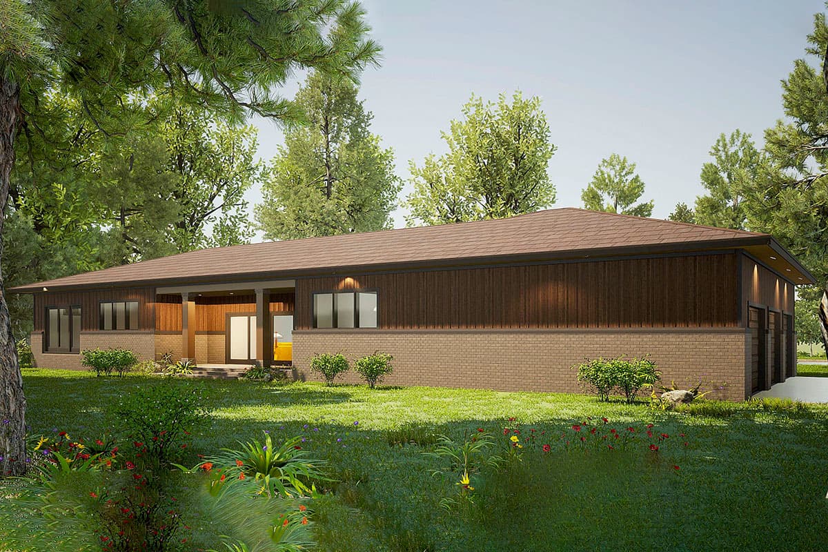 House plan exterior: single-story Ranch with brick base, wood siding, covered entry, and three-car garage.