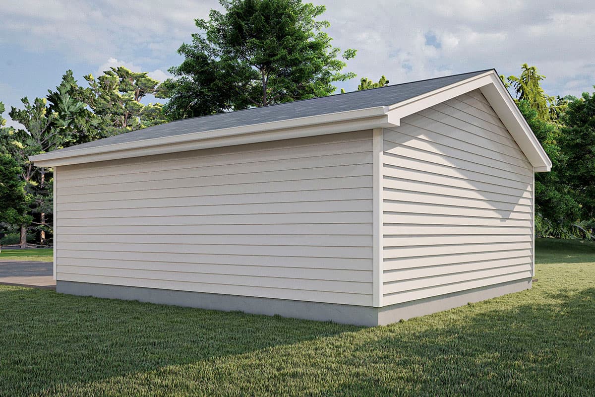 House plan exterior, single-story structure with horizontal siding, gable roof, and soffits.