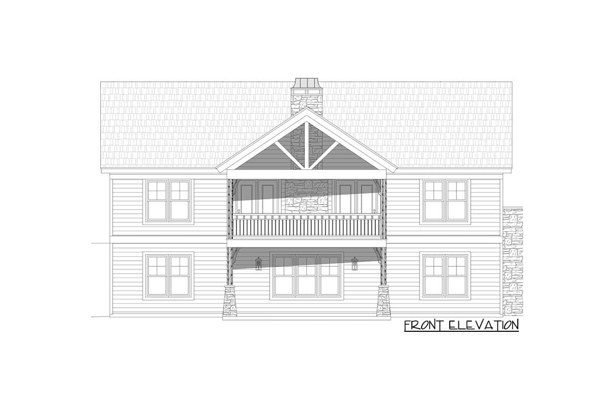 Front elevation drawing of a two-story house with horizontal siding, a covered balcony, stone-clad columns, and a stone chimney.