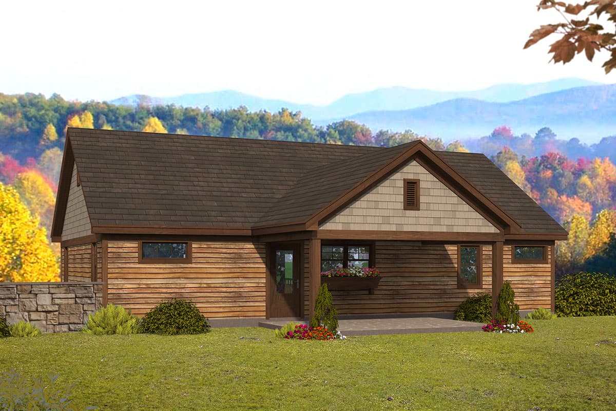 House plan exterior: One-story Modern Farmhouse with horizontal siding, gable roof, covered entry, and stone foundation.