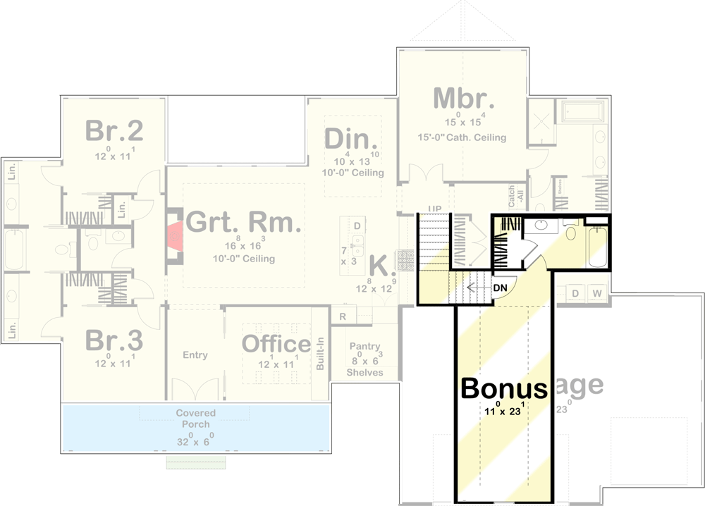 Plan 62368DJ: New American Home Plan with Split Bedroom Layout Plus Bonus and Lower Level Expansion - Floor Plan - Bonus Level - Craftsman, New American, Ranch
