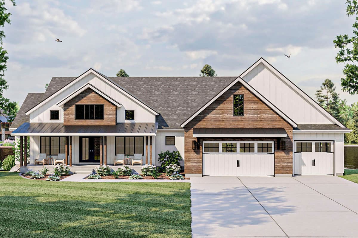 Modern Farmhouse house plan exterior with a covered front porch, gabled dormers, and a side-entry three-car garage.