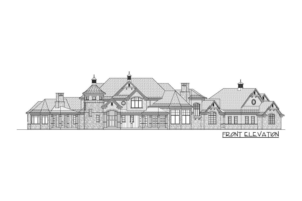 Front elevation drawing of a large stone and shingle house with multiple gables, dormers, and a prominent tower.