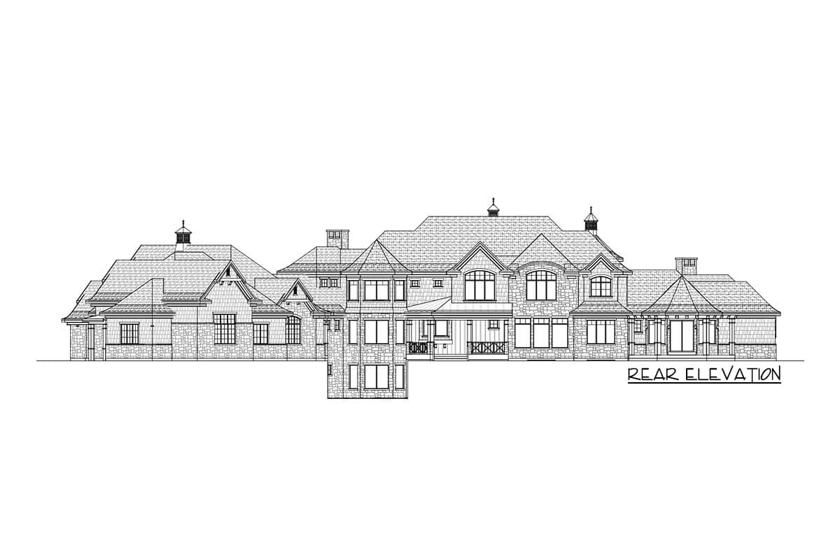 Rear elevation drawing of a large house with multiple gables, dormers, stone exterior, and covered porches.