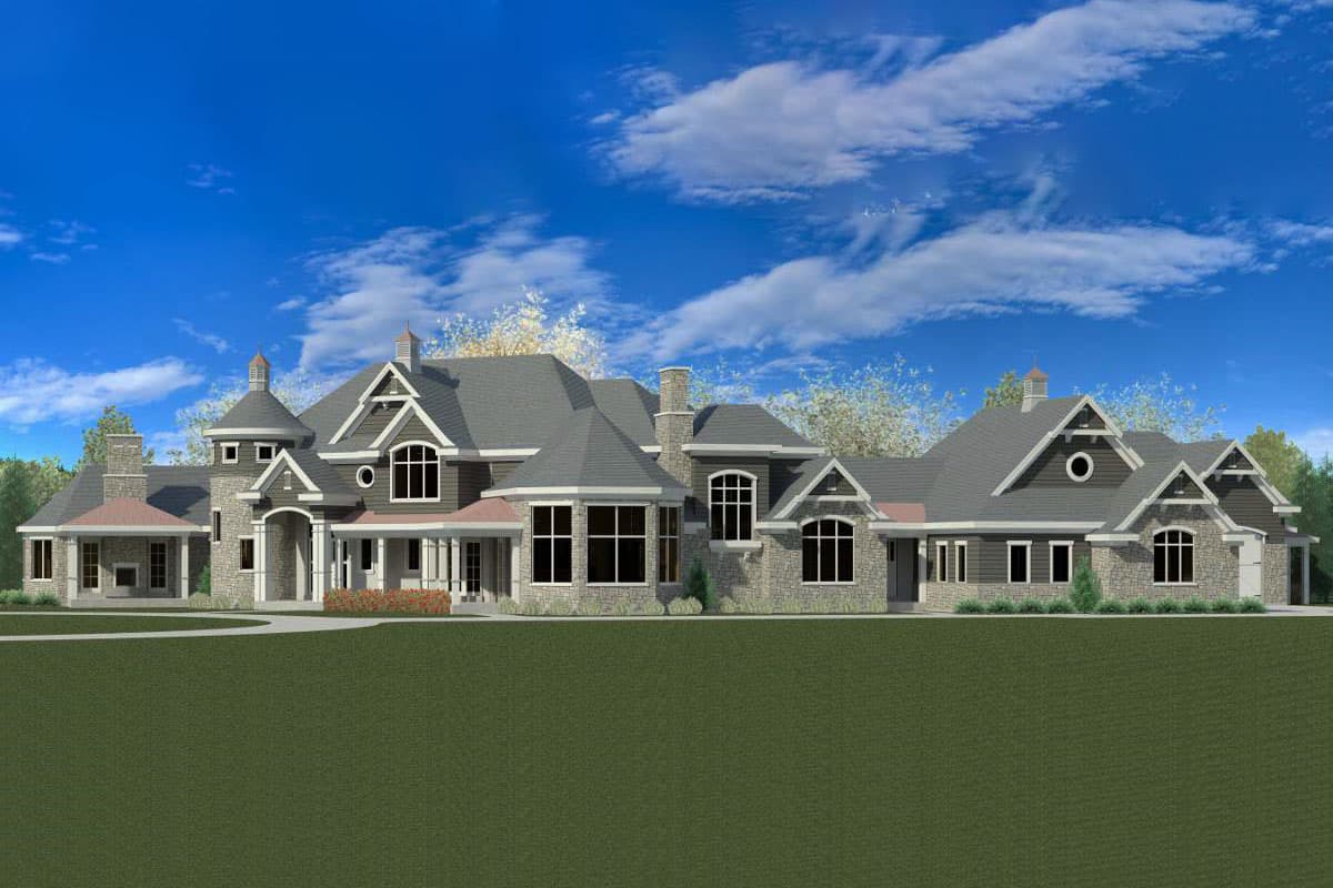 House plan exterior. Two-story home with multiple gabled rooflines, stone and siding exterior, front porch, and round window accents.