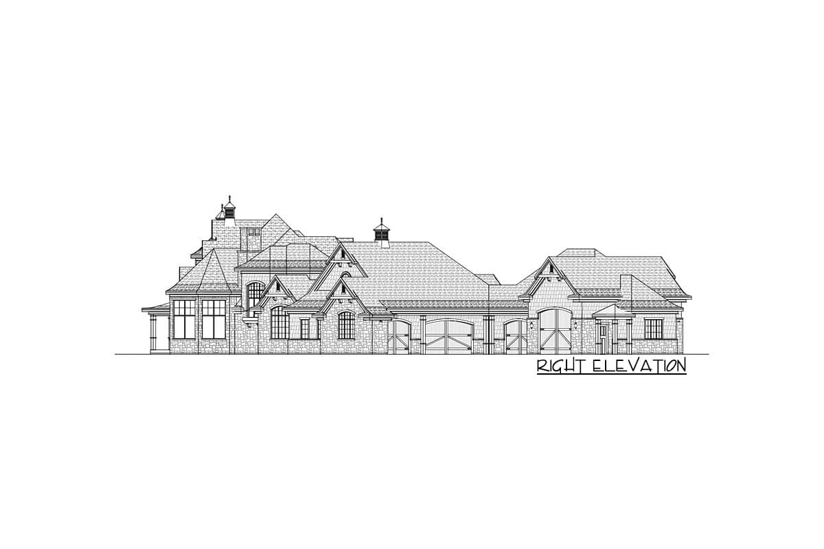 Right elevation house plan exterior showing multiple gables, dormers, stone accents, and a three-car garage with arched doors.