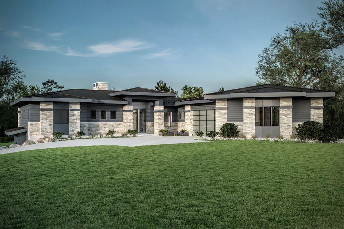 House plan exterior. Modern style, one story. Features include flat roof, stone facade, and integrated garage.  Minimalist landscaping.