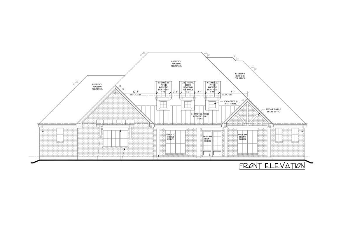 Front elevation house plan with multiple gables, dormers, and cedar gable truss.