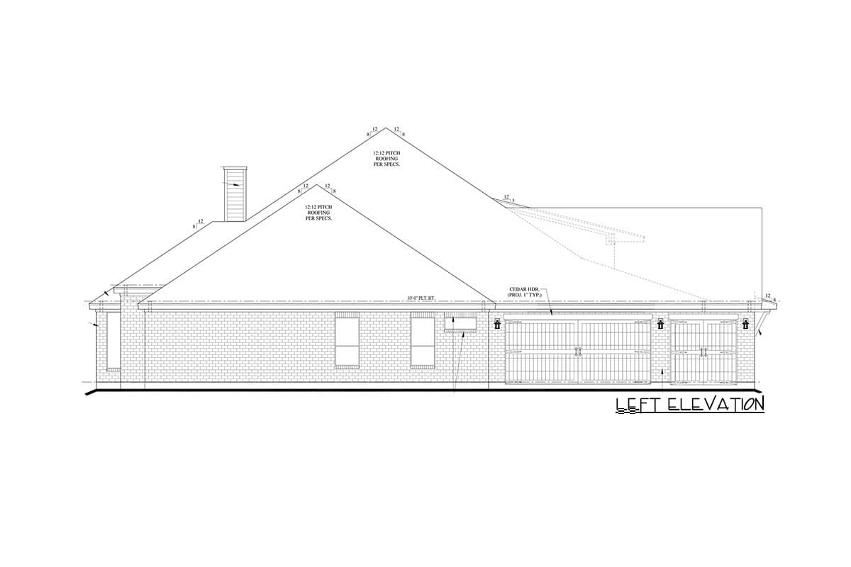 Left elevation house plan with brick facade, gabled roof sections, chimney, and multiple garage doors.