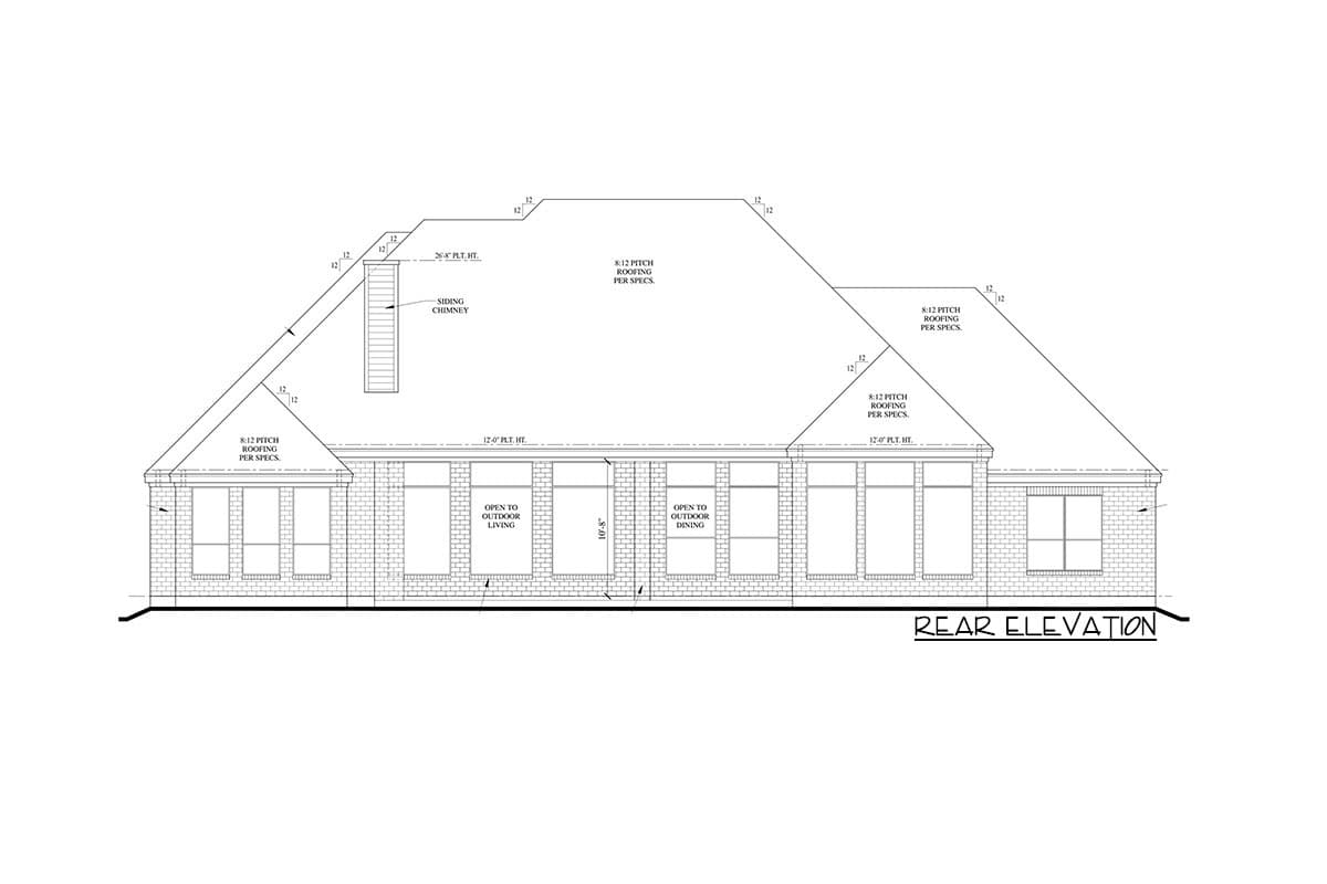Rear elevation drawing of a house plan with brick facade, multiple windows, and a prominent gabled roof with 8:12 pitch.