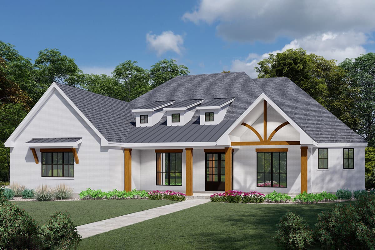 House plan exterior. Modern Farmhouse style with brick facade, gable roof, and three dormers. Features include a covered porch with wooden columns.