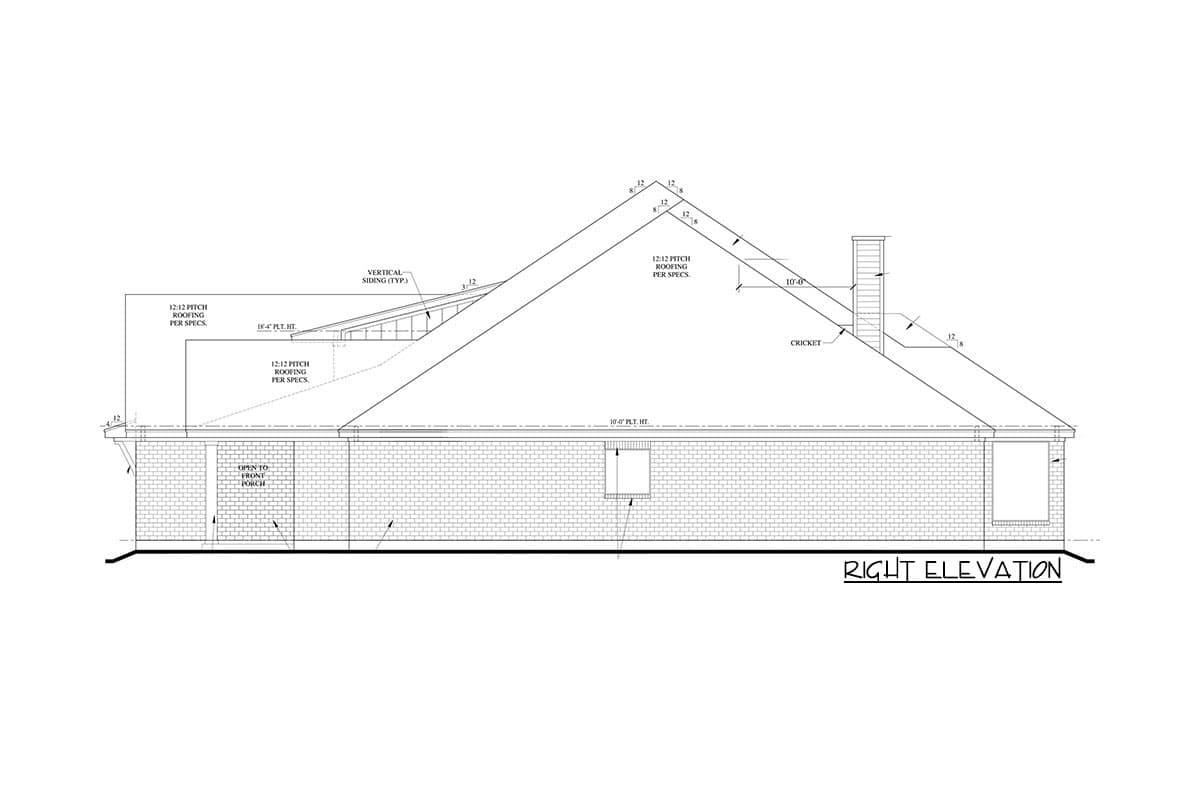 Right elevation house plan showing brick wall, open front porch, large gable roof with 12:12 pitch, dormers, and chimney.