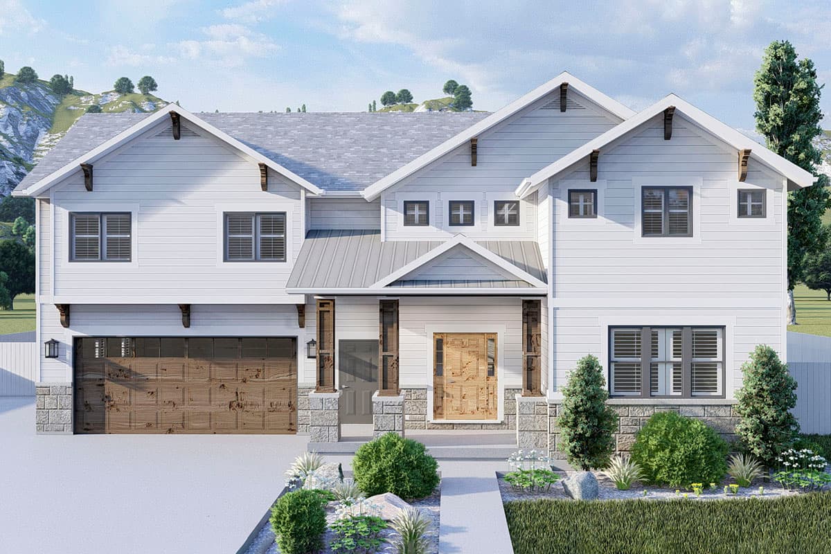 House plan exterior. Two-story Modern Farmhouse with gables, stone accents, and a front-facing garage. Features include a covered porch.