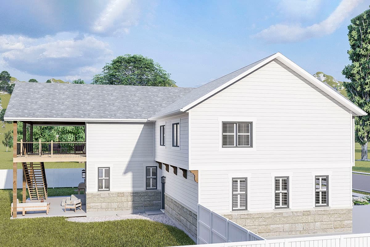 Two-story house plan exterior with white siding, a deck with stairs, and stone foundation.