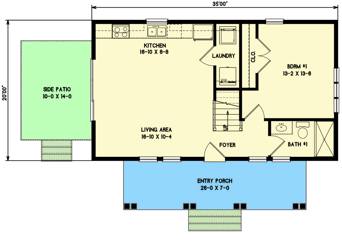 Plan 31589GF: Two-Story Cottage Plan with 3 Bedrooms - 1269 Sq Ft - Floor Plan - Main Level - Cabin, Cottage, Country, Farmhouse, Modern Farmhouse, New American, Traditional, Vacation