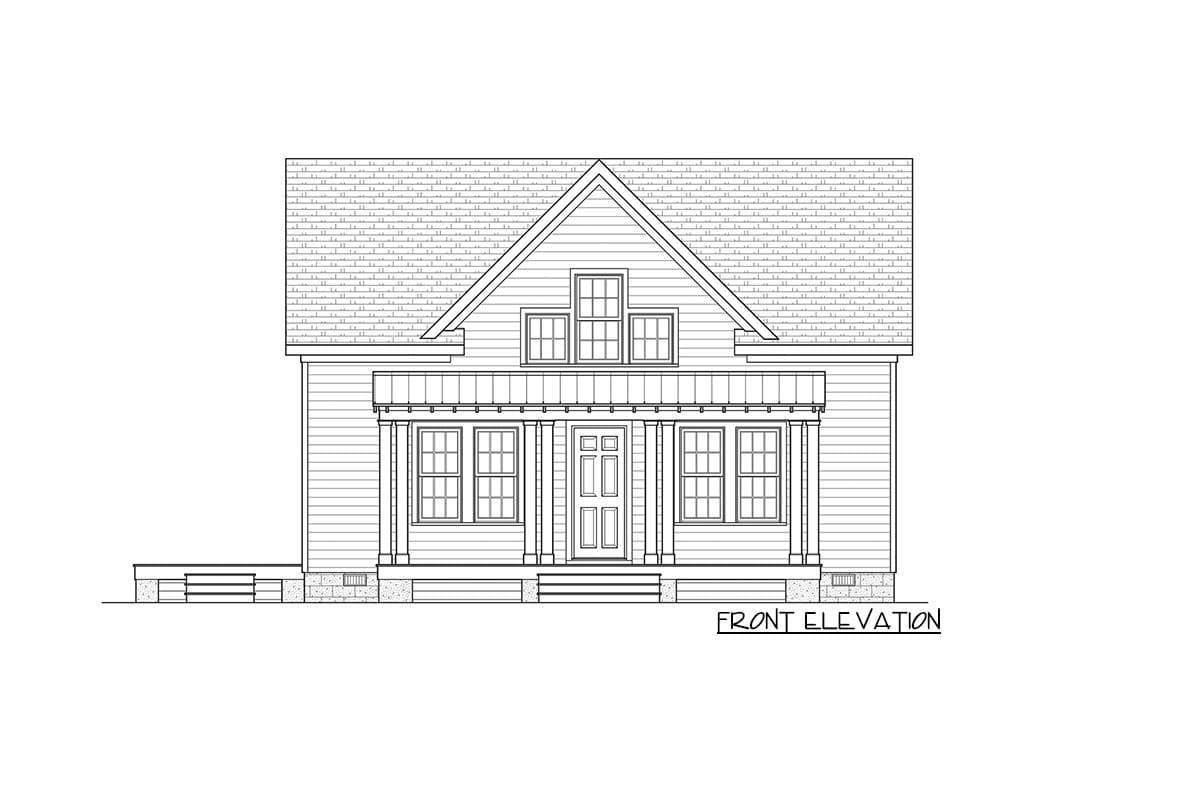 Front elevation drawing of a one-story house plan with a covered front porch, gabled roof, and double-hung windows.