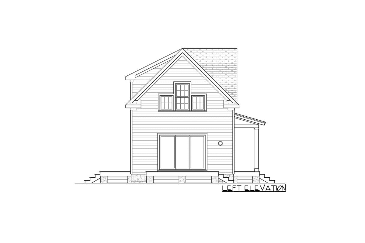 Left elevation drawing of a house plan showing a gable roof, dormer windows, siding, and a covered porch.