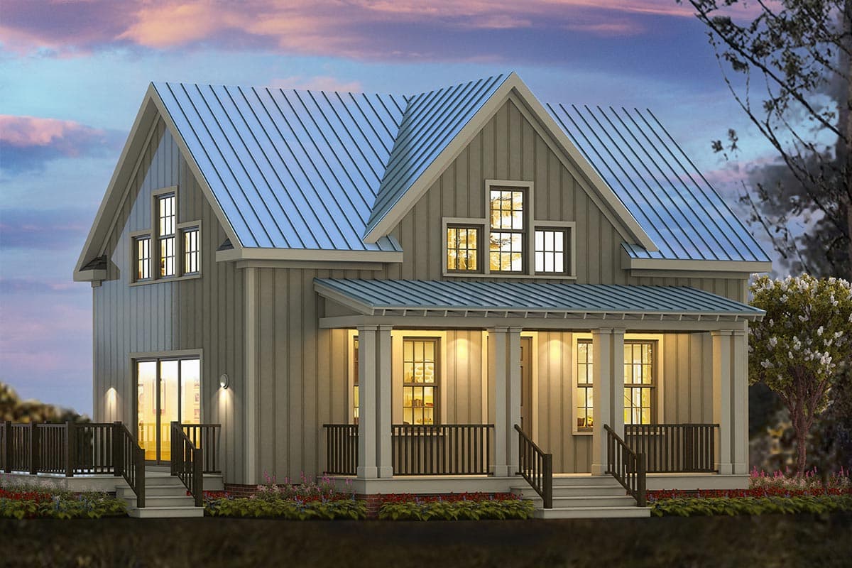 House plan exterior. Two-story Modern Farmhouse with a gabled roof, dormers, and a covered porch supported by columns.