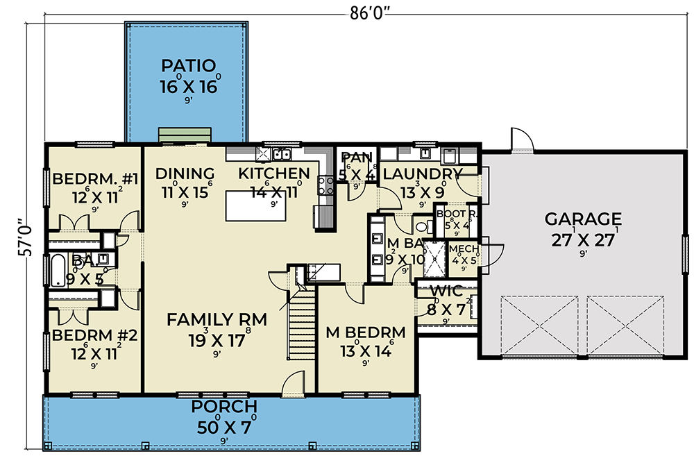 Plan 280137JWD: Country Ranch House Plan with Bonus Level Upstairs - 2468 Sq Ft - Floor Plan - Main Level - Country, New American, Ranch, Traditional