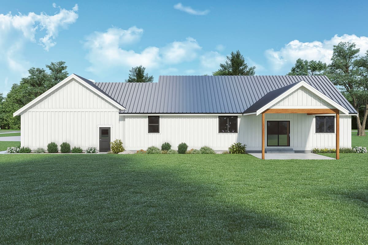 Modern Farmhouse house plan exterior with board and batten siding, gables, and a covered porch.