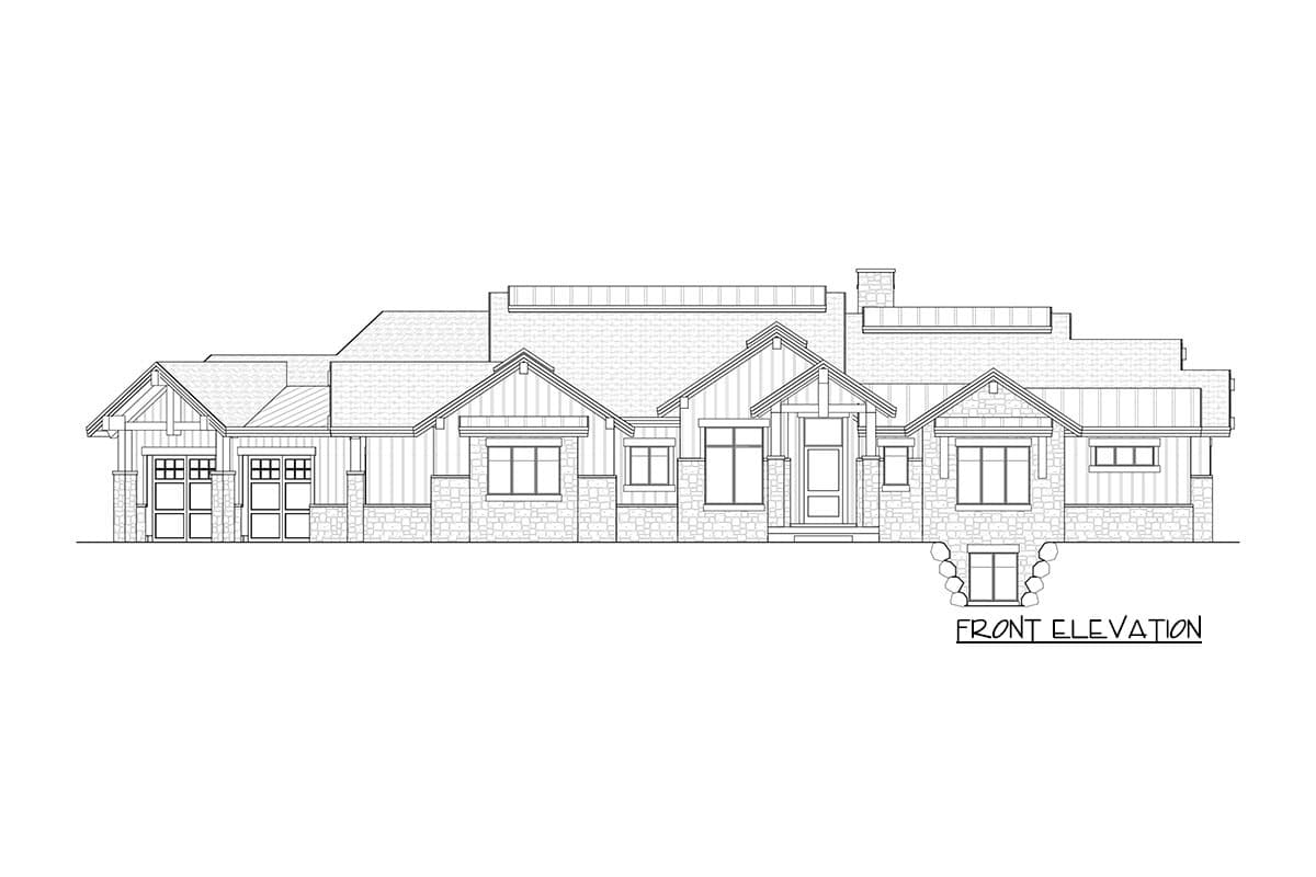 Front elevation drawing of a house plan featuring a multi-level roof, stone and wood siding, and a three-car garage.