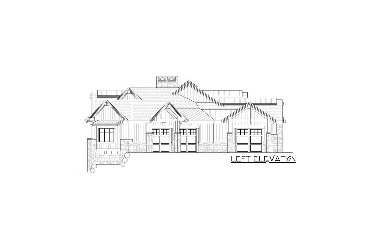 Left elevation house plan featuring varied rooflines, stone accents, gabled dormers, and a three-car garage.