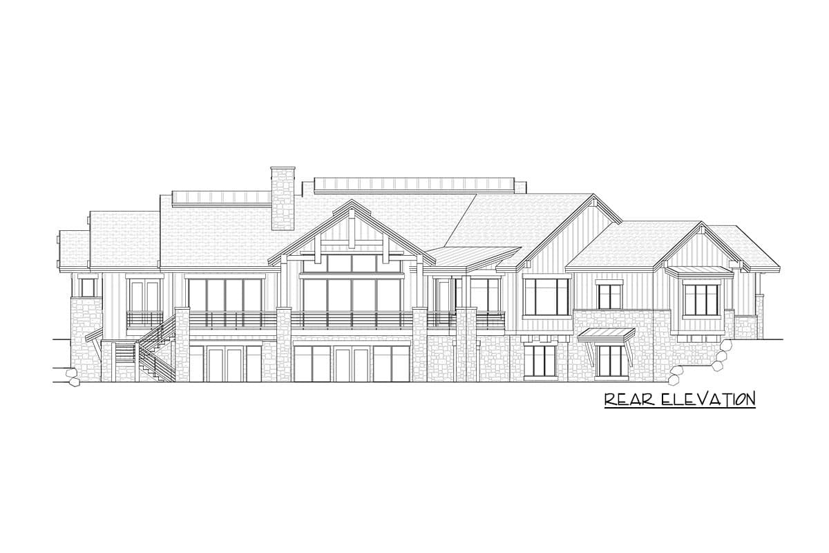 Rear elevation house plan with multiple gables, stone accents, large windows, and balconies.