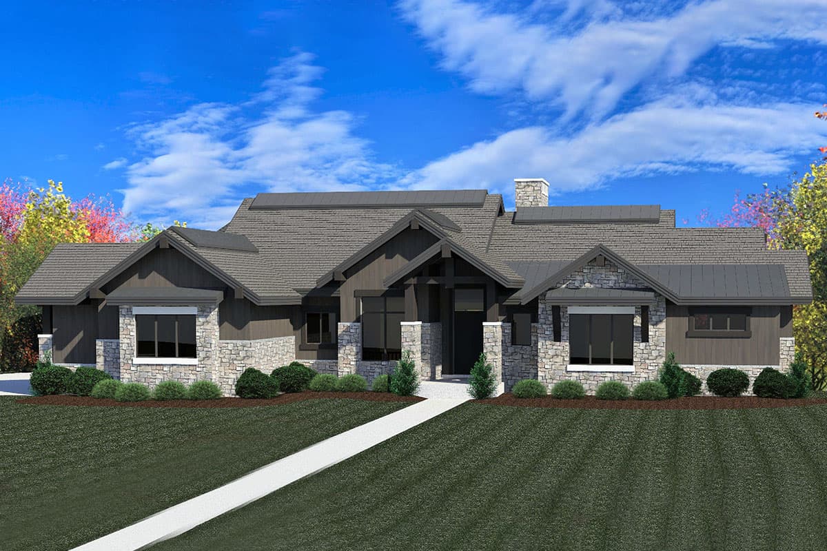 House plan exterior. One-story modern home with stone accents, multiple gables, and a prominent entry porch with dark wood accents and large windows.