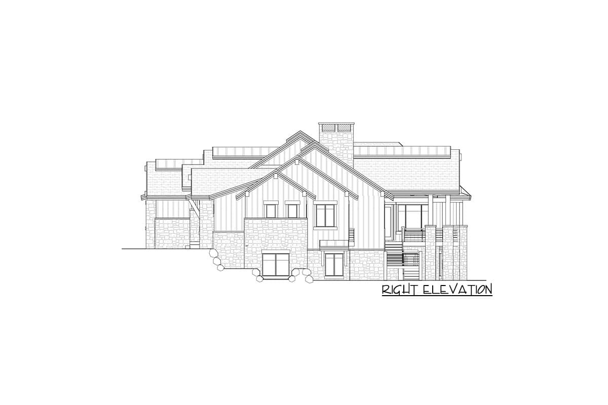 Right elevation drawing of a multi-story house plan with stone and vertical siding, prominent gables, and a chimney.