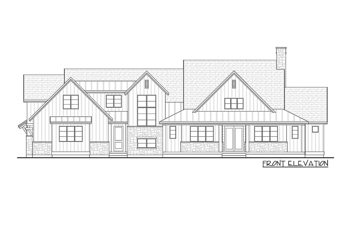 Front elevation drawing of a two-story house plan with gables, stone base, dormers, and a covered porch.