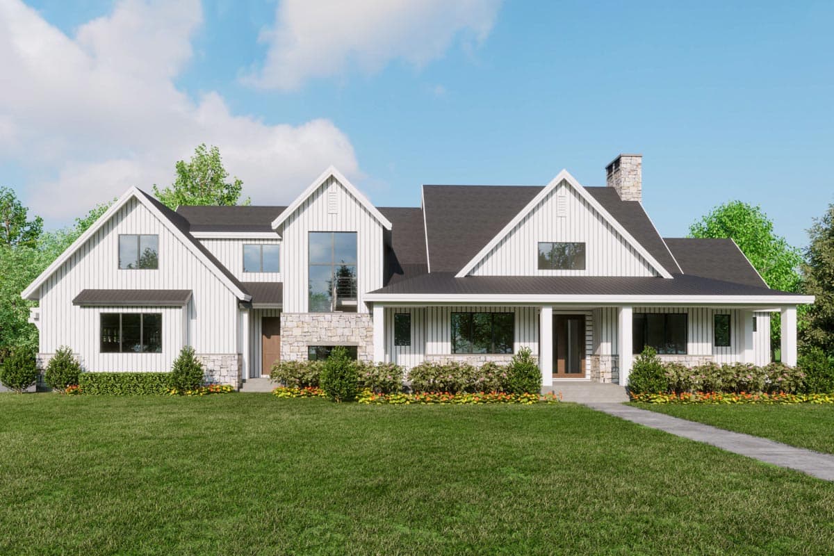 House plan exterior. Modern Farmhouse style with two stories, gables, a porch with columns, and stone accents at the entry.